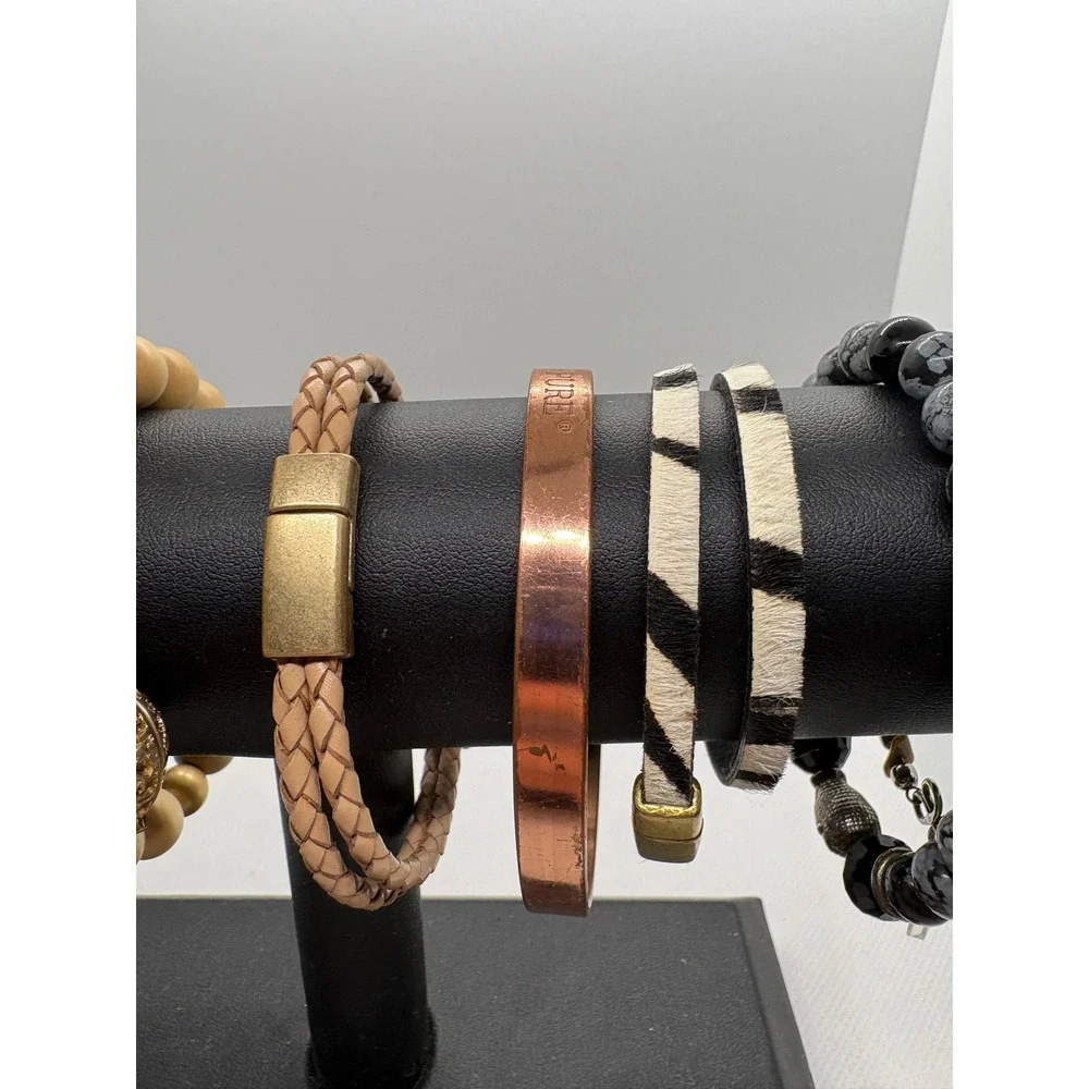8pc Bracelet Lot Copper Pure Cuff Animal Print Leather Beaded Buddha Boho Set